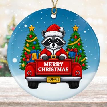 Imagem de DamienBrightGift Enfeite de Natal Guaxinim em Caminhão Vermelho - Decoração de Cerâmica de Animal Papai Noel Bonito - Presente de Lembrança de Feriado de Panda de Lixo Engraçado - Decoração de Árvore