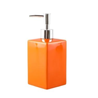 Imagem de Dispensador de sabão Distribuidor de sabonete cerâmica, dispensador loção em formato quadrado 450ml para bancada cozinha banheiro, frasco líquido manual com bomba plástico prateado(Orange)