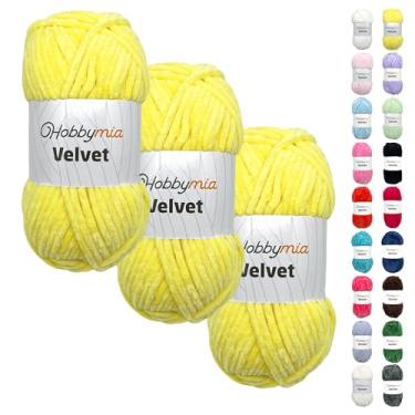 Imagem de HobbyMia Veludo - fio de chenille para crochê - 100 g / 132 jardas - (6) super volumoso - fio fofo para crochê - cobertor de bebê, amigurumi, xale (amarelo - limão, 3 novelos)