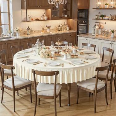 Imagem de 1 pacote com toalha de mesa de elastano marfim redonda para mesas de 1,88 m com saia, elástica de 1,8 m, capa de mesa com ajuste sem rugas para festa de aniversário, festa de aniversário, formatura e