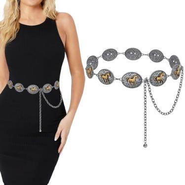 Imagem de LALATCH Cinto feminino Western Metal Concho com corrente de vaqueira para vestidos, jeans, roupa country ocidental, Cinto de corrente de prata de cavalo, Fit for Waist up to 36"