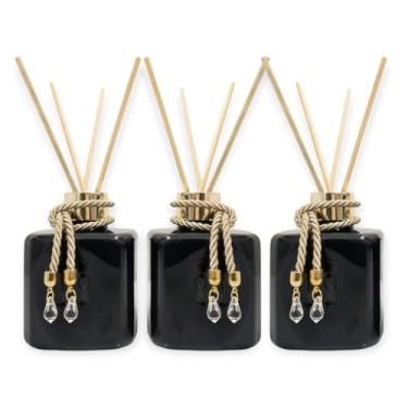 Imagem de Kit 3 Difusores de Ambiente 300ml Frasco Pet Preto com Tampa Dourada e Varetas de Madeira – Aromatizador para Casa, Escritório e Lavabo