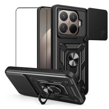 Imagem de CNPUTAO Capa para Xiaomi 15T Pro/Mi 15T Pro 5G com protetor de tela de vidro temperado, janela deslizante para câmera, suporte, capa de telefone de camada dupla antiarranhões à prova de choque, preta