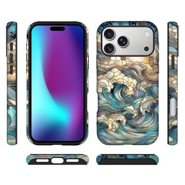 Imagem de ilikediy Capa híbrida para iPhone 17 Pro Max com 2 camadas rígidas de silicone com estampa protetora - vitral ondas do oceano sol