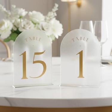 Imagem de Meyeyaia Números de mesa de casamento em arco transparente 1-15 com suportes 12 x 17 cm placa numérica de mesa de arco de acrílico transparente para festas de recepção de casamento, decoração de mesa