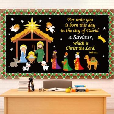 Imagem de Geyoga Conjunto de quadro de avisos de Natal presépio cristão decorações de sala de aula religiosas bebê Jesus estrela cristo quadro de avisos recortes de inverno domingo escola igreja pré-escola