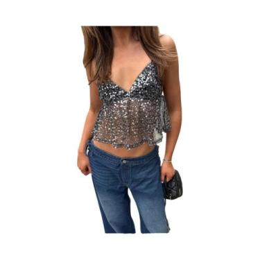 Imagem de Camisola Feminina Com Decote Em V, Costas Descobertas, Com Lantejoulas