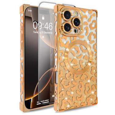 Imagem de MOWIME Capa magnética para iPhone 16 Pro Max [compatível com Magsafe] [padrão de impressão de chita banhada de luxo] [1 protetor de tela] capa protetora de leopardo de TPU macio para iPhone 16 Pro Max