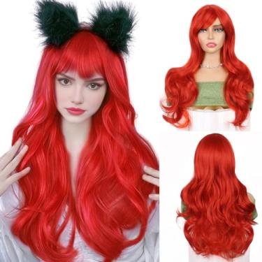Imagem de Perucas vermelhas compridas de 58 cm com franja ondulada resistente ao calor cabelo sintético cosplay aniversário