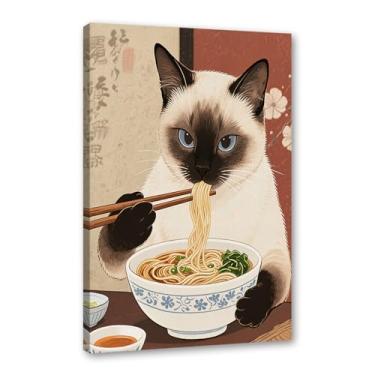 Imagem de Arte de parede em tela de gato preto engraçado vintage japonês gato comendo ramen imagem exclusiva para amantes de gatos para decoração de parede de cozinha e sala de jantar (SKU3,16x60 cm) = (40 x 60