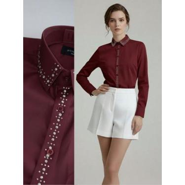 Imagem de Camisa Social Feminina com Linha de Strass Premium Vinho Gola e Peito 