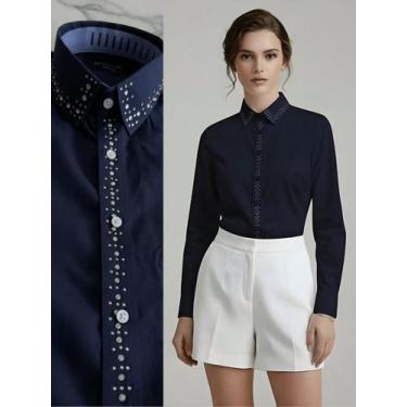 Imagem de Camisa Social Feminina com Linha de Strass Premium Azul Marinho Gola e