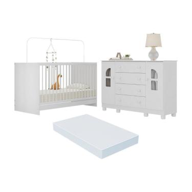 Imagem de Berço 3 Em 1 Com Colchão Incluso E Cômoda 2 Portas 4 Gavetas Nina Multimóveis MP4772 Branco