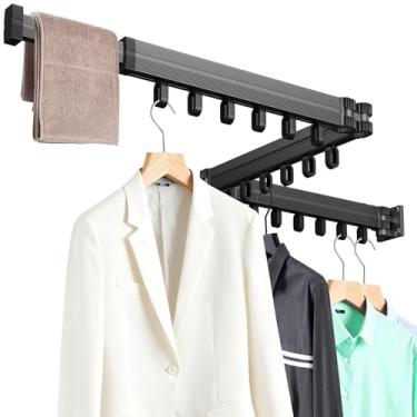 Imagem de KAXIWEI Estante de secagem de roupas montado na parede, rack retrátil dobrável com 3 postes e ganchos de laço, solução de secagem dobrável que economiza espaço para uso interno e externo