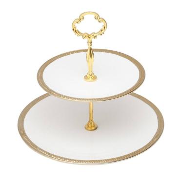 Imagem de Porta Doces de Porcelana 2 Andares Paddy Branco e Dourado 19/27 x 24 cm Wolff