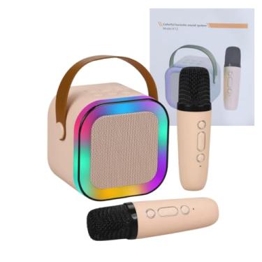Imagem de Caixa de Som Bluetooth Karaokê Portátil com LED RGB, 2 Microfones Sem Fio, Bateria Recarregável, Rosa/Azul/Bege, 10x15,5x16,5cm
