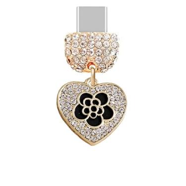 Imagem de ELISE & FONDA TP1013 Tipo-C porta de carregamento cristal antipoeira plugue pequeno coração amor com pingente de celular rosa para iPhone 15/16/Samsung/OnePlus/Xiaomi/oppo telefones Android (preto)