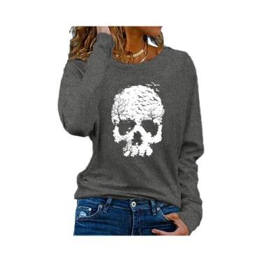 Imagem de Camiseta Feminina De Manga Longa 100% Algodão Com Estampa De Caveira, 