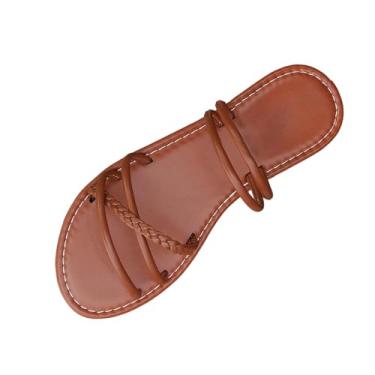 Imagem de Sandálias femininas de praia com tira tecida, sola plana, calçado casual de verão para mulheres, design confortável para uso ao ar livre, Marrom, 38