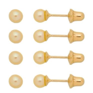 Imagem de Kit 4 Brincos De Pérolas Bebê Infantil 3mm Em Ouro 18k - AEA Caribe, D