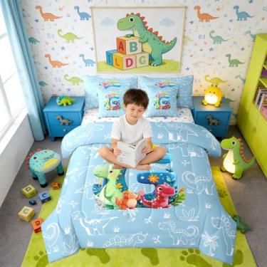 Imagem de Erosebridal Conjunto de edredom solteiro de dinossauro da selva com 7 peças de desenho animado com letra G em uma bolsa, dinossauro 3D, para crianças e adultos, conjunto de cama de dinossauro