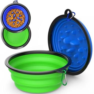 Imagem de Pacote com 2 [design de alimentador lento + regular], tigela dobrável para cães, tigelas portáteis para viagem, 1000 ml, pratos dobráveis para alimentos, água, para viagem, caminhada, caminhada com
