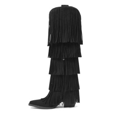 Imagem de Lyrisiphy Botas caubói femininas com franjas de 5 camadas na altura do joelho com bico fino, salto grosso, botas altas para festas, shows e encontros, Preto, 40