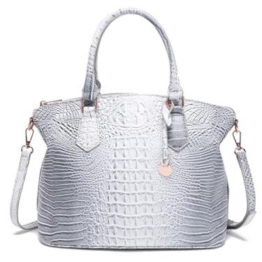 Imagem de Makcr Joacbv Bolsa feminina em relevo de crocodilo com alça superior bolsa de couro transversal grande com alça de ombro, 1 cinza bege, 11.8" x 5" 9"