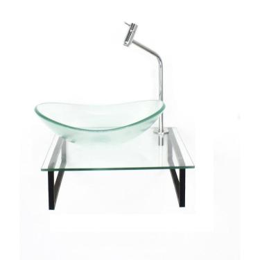 Imagem de Kit Cuba Vidro Oval 10Mm Tampo 40Cm Incolor E Suporte Preto