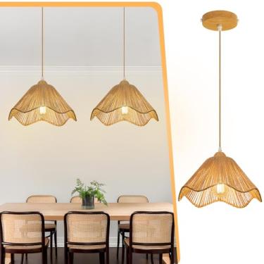 Imagem de OTeedo Pacote com 2 lustres de vime ondulados de 31,5 cm para cozinha ilha, lustres boêmios de fazenda lâmpada suspensa de altura ajustável para sala de jantar, luminárias de teto de cozinha, abajur
