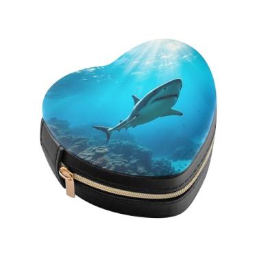 Imagem de Burbuja Caixa de joias de tubarão em forma de coração, mini estojo de viagem para mulheres e meninas, organizador portátil de armazenamento para brincos, anéis, colares e pulseiras