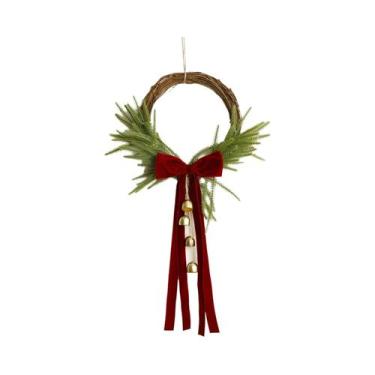Imagem de Guirlanda De Natal Vermelha Com Laço E Sino Dourado, Rattan Artificial