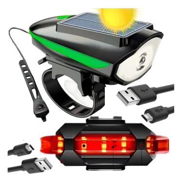Imagem de Lanterna Farol Solar Bike Buzina Led Traseiro Ciclista Verde