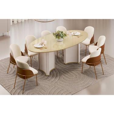 Imagem de Conjunto: Mesa Sala Jantar Liz c/ Tampo Madeirado c/ Vidro Oval 218x108cm e 8 Cadeiras Vitta Off White/Dourado - Boucle Perola/Terracota - DJ Móveis
