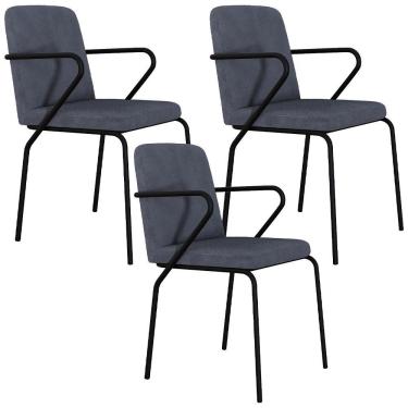 Imagem de Kit 03 Cadeiras Estofada Para Sala De Jantar Com Braço Loft Preto C01 Bouclê Nuvem - Lyam Decor