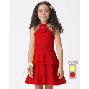 Imagem de Vestido enrugado com flor verão fofo leve confortável - Amarelo e Vermelho - Menina 4 a 14 anos-Feminino