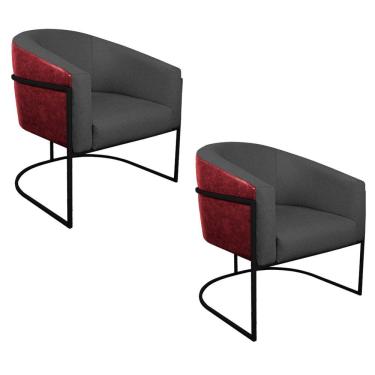 Imagem de Kit 02 Poltronas Preto Vermelho E Linho Cinza Escuro