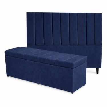 Imagem de Kit De Quarto Roma Cabeceira De Cama Box E Calçadeira Baú Casal 140 Cm Suede Azul Marinho Eli Móveis E Decoração