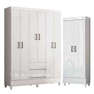 Imagem de Guarda Roupa Casal 6 Portas Com Pés Fit E Armário Multiuso Fit Branco Brilho - Santos Andirá