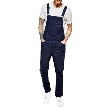 Imagem de WSLCN Calça Jeans Suspensório Macacão Jeans Masculino com Alça Ajustável Azul escuro Tamanho P