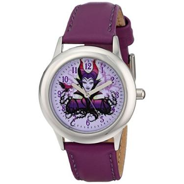 Imagem de Disney Relógio infantil de aço inoxidável malévola W001652 com pulseira de couro roxo, Roxa, Movimento de quartzo