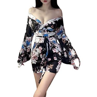 Imagem de Sexy Anime Cosplay For Women Cheongsam Lingerie Dress Japanese Kimono Costumes Dancer Chemise Side Slit (Black #2)