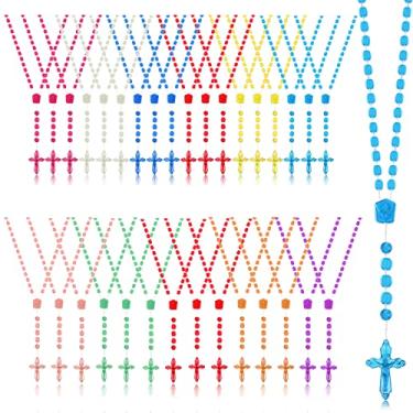 Imagem de Sureio 36 unidades de colar de rosário de plástico a granel para meninos e meninas, presentes de boas-vindas para igreja, rosários multicoloridos, contas cruzadas, crucifixo para páscoa religiosa, 33