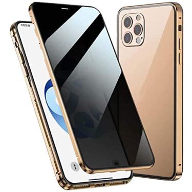 Imagem de RAYESS Capa de telefone magnética anti-peep, capa de vidro temperado dupla face anti-espiar para iPhone 12 Pro Max (2020) 6,7 polegadas, pára-choques de metal (cor: ouro)