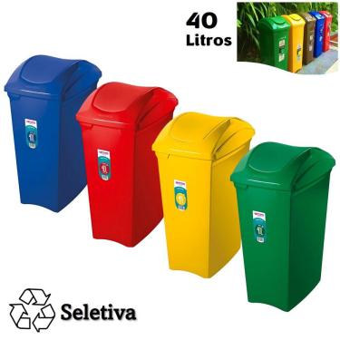 Imagem de Kit 4 Lixeiras 40 Litros Seletivas Para Plástico Papel Metal Vidro Cesto De Lixo Tampa Basculante - Sanremo