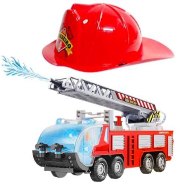 Imagem de Kit Caminhão de Brinquedo Bate e Volta com Luzes de Bombeiros Infantil Lança Agua de Verdade + Capacete para Crianças