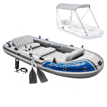 Imagem de Barco Bote Inflável Excursion 5 Remos Bomba Capota Teto Removível Intex