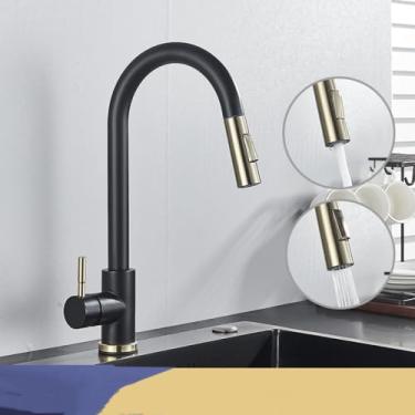 Imagem de Torneiras de cozinha níquel douradas, torneiras de aço inoxidável pull down stream deck mount torneiras de pia de água preta escovada, preta e dourada, 1
