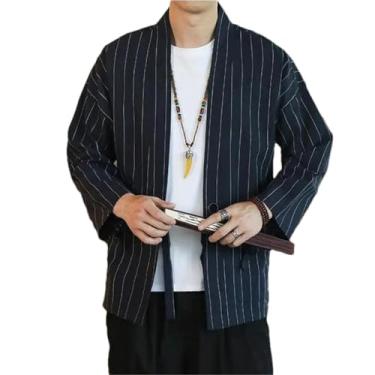 Imagem de Quimono japonês cardigã masculino quimono tradicional Yukata algodão quimono casaco casual casaco de linho casaco asiático, Azul marinho, Small