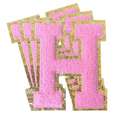 Imagem de 3 peças de adesivos de letras de chenille rosa glitter ferro em remendos de letras universitárias remendo bordado de chenille costurar em remendos para roupas chapéu bolsas jaquetas camisa (rosa, H)